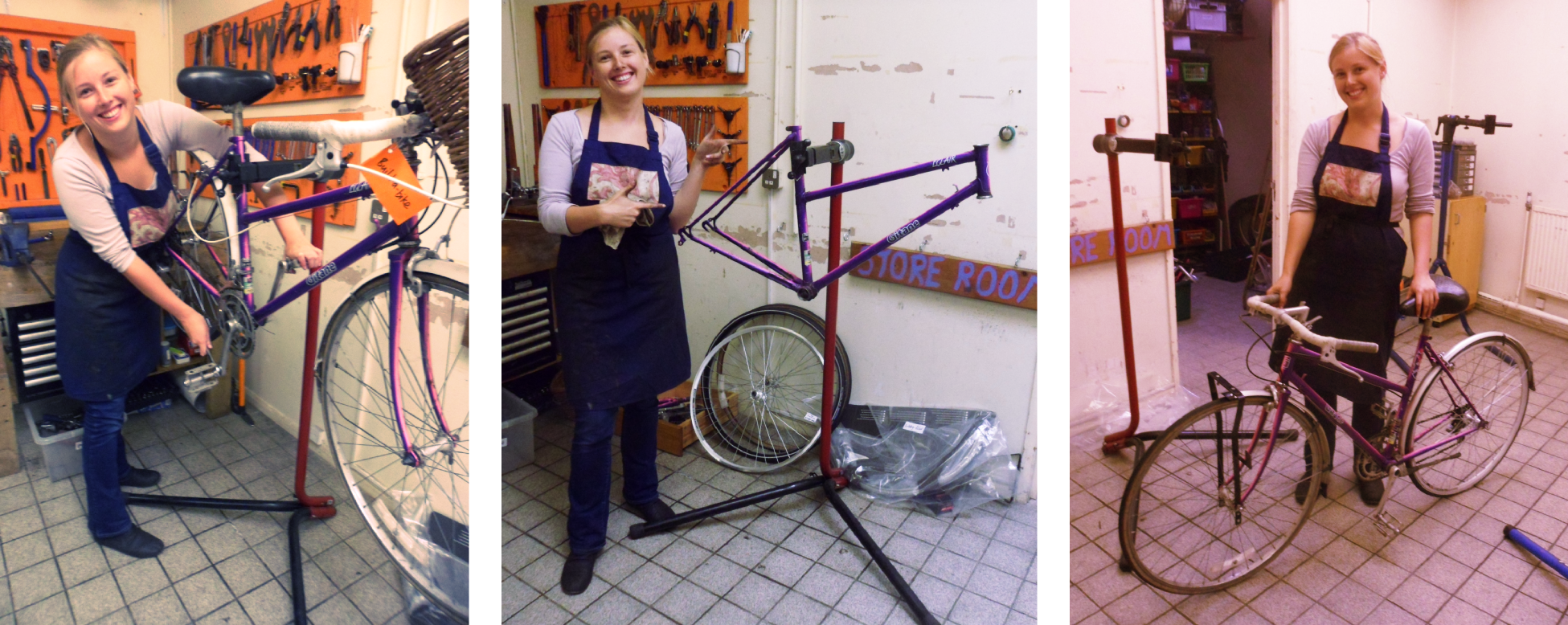 Libby fixes her bike at the Broken Spoke Bike Coop, Oxford